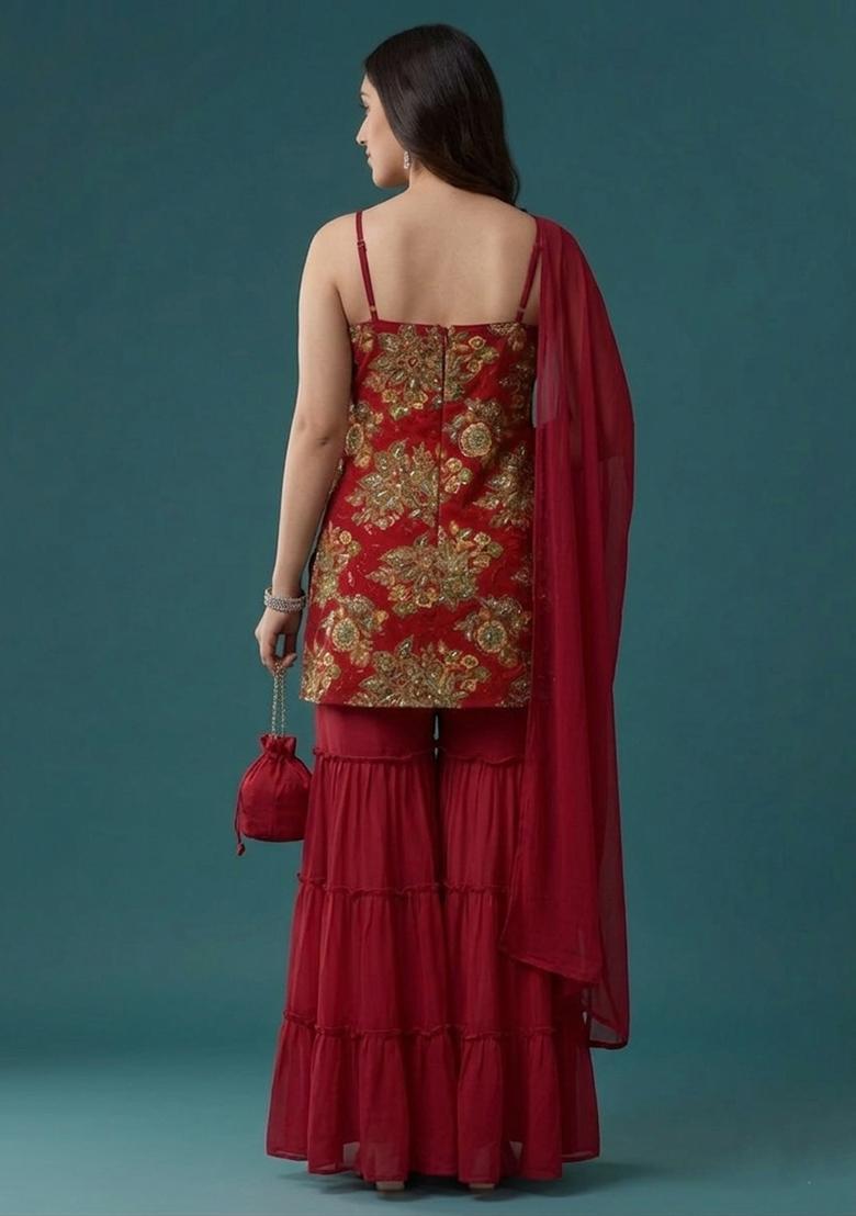Crimson Red Embroidered Organza Sharara Set - Indya
