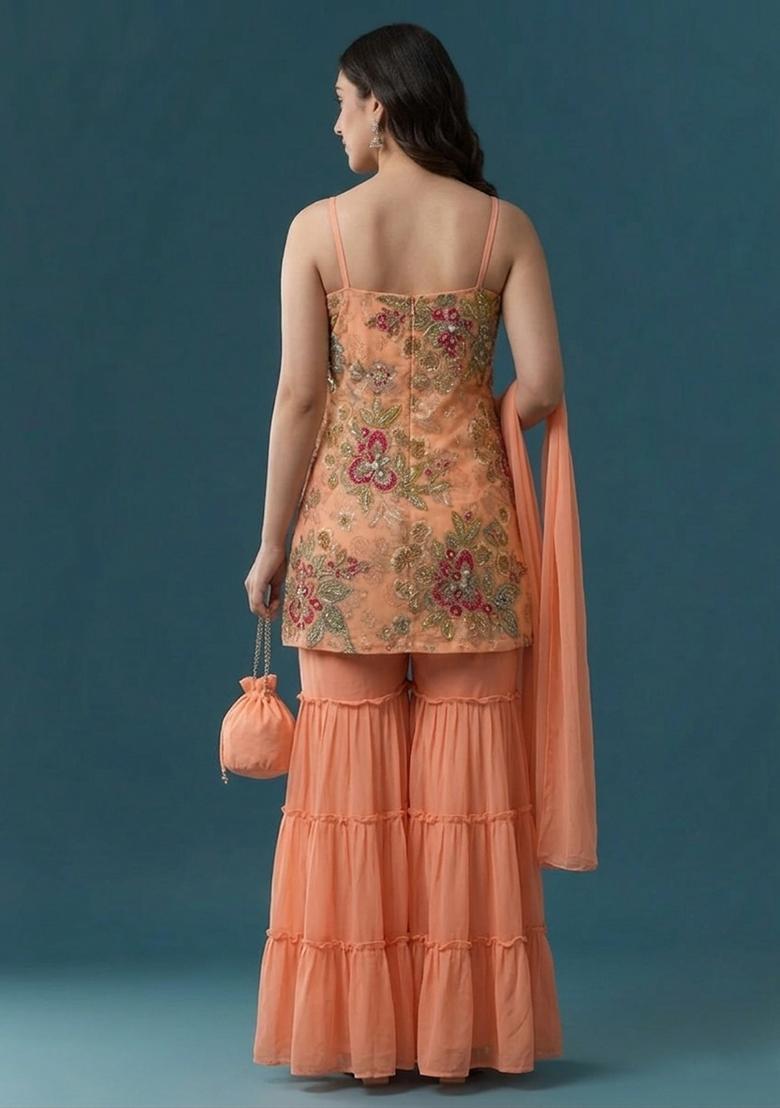 Peach Embroidered Organza Sharara Set - Indya