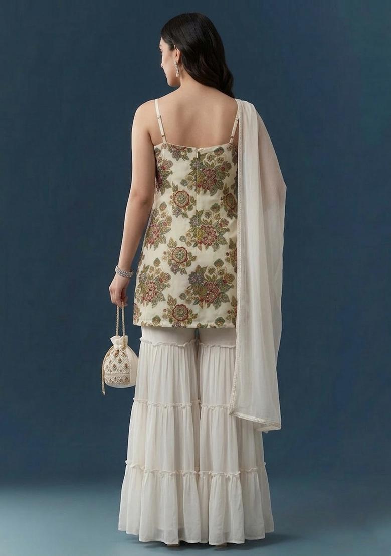 White Embroidered Organza Sharara Set - Indya