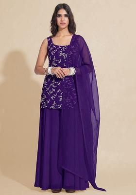 Purple Embroidered Crepe Sharara Set
