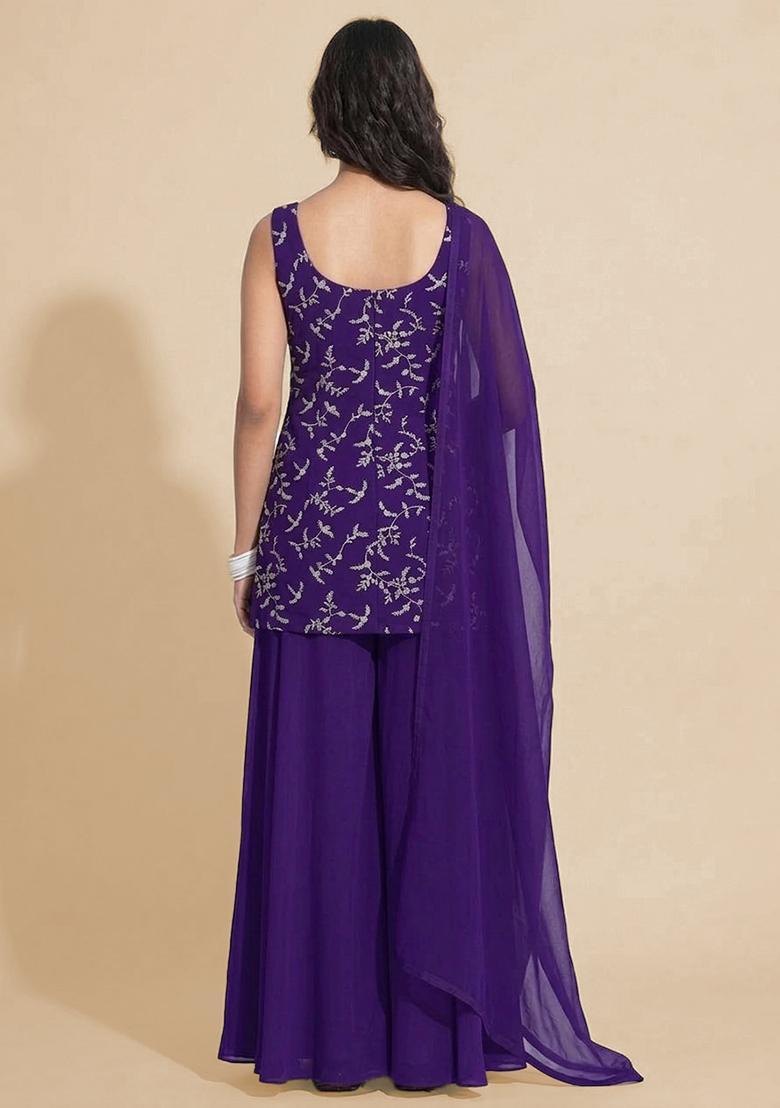 Purple Embroidered Crepe Sharara Set - Indya