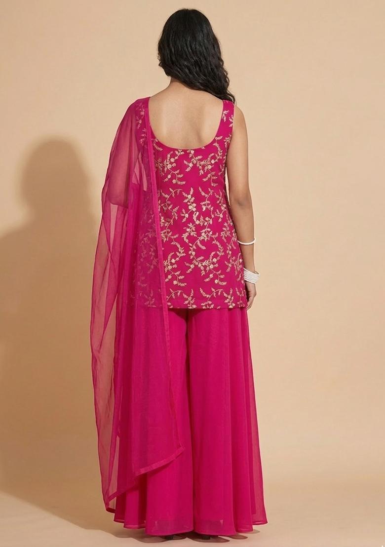 Rani Pink Embroidered Crepe Sharara Set - Indya