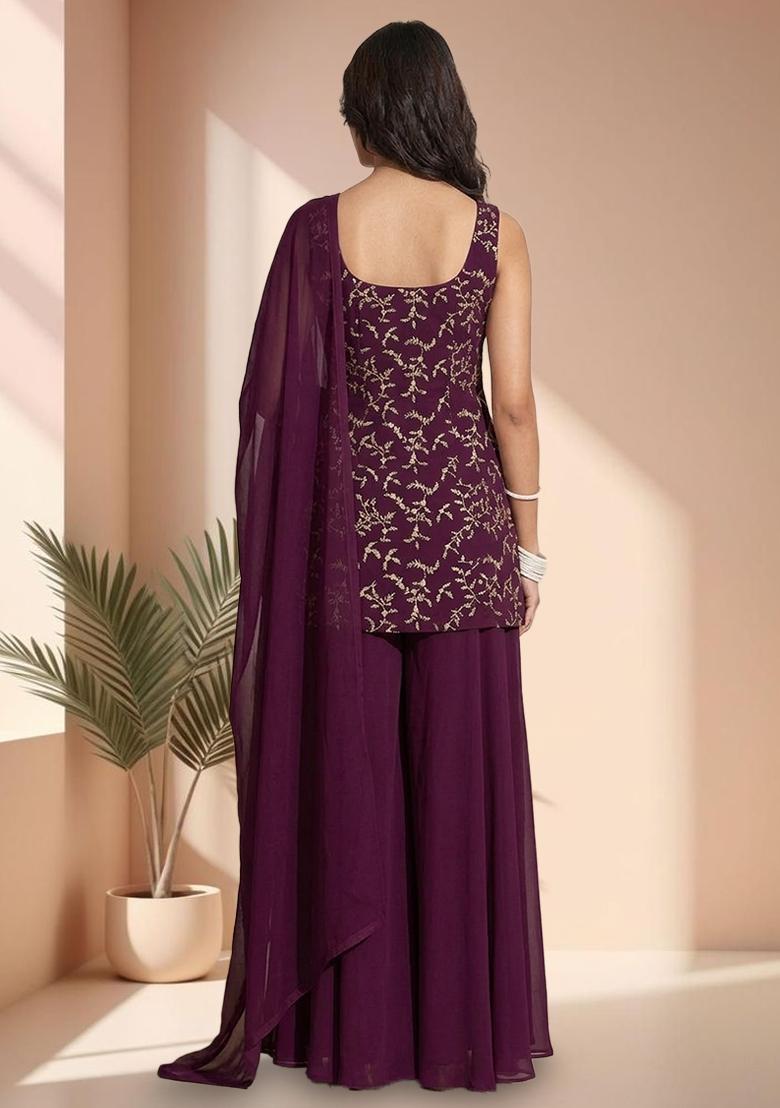 Deep Wine Embroidered Crepe Sharara Set - Indya