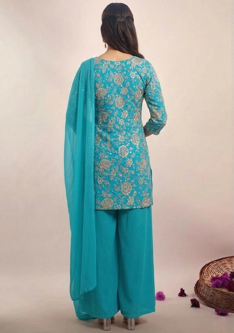 Turquoise Embroidered Tissue Sharara Set - Indya