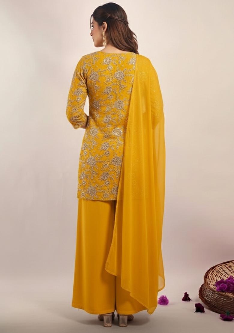 Yellow Embroidered Tissue Sharara Set - Indya