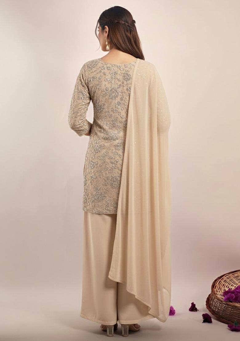Beige Embroidered Tissue Sharara Set - Indya