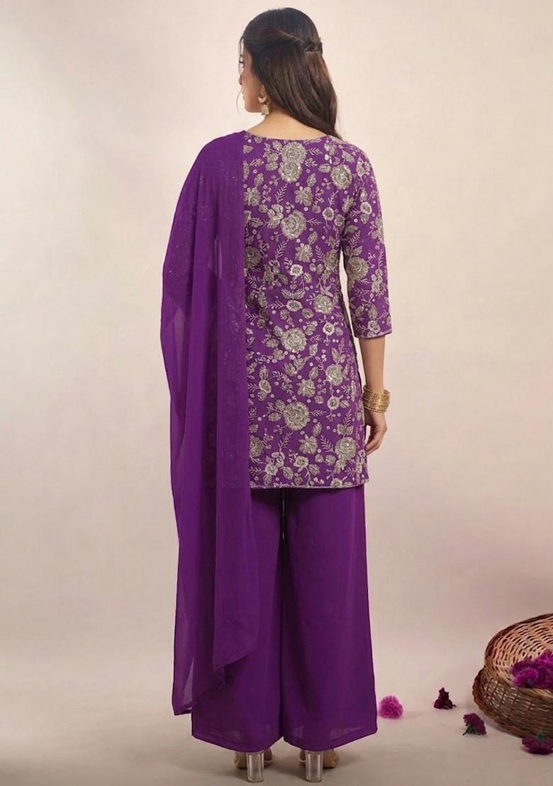 Purple Embroidered Tissue Sharara Set - Indya