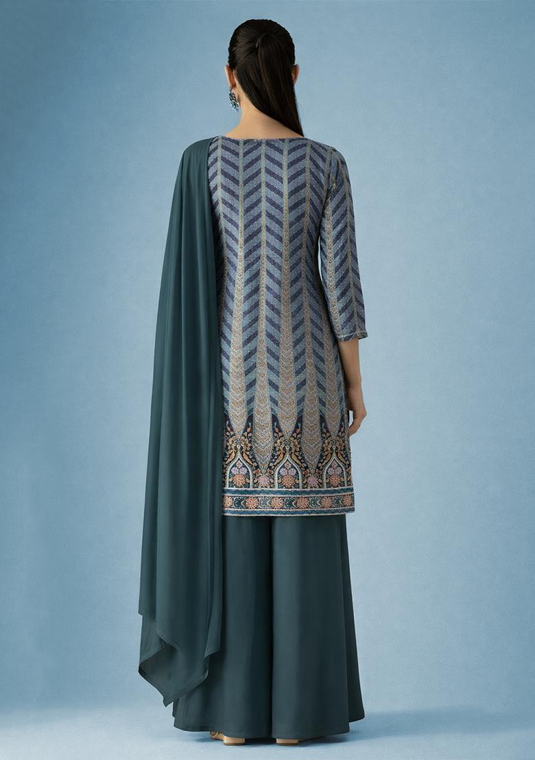 Teal Sequin Crepe Fusion Set - Indya
