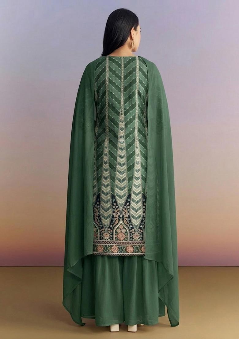 Bottle Green Printed Crepe Fusion Set - Indya