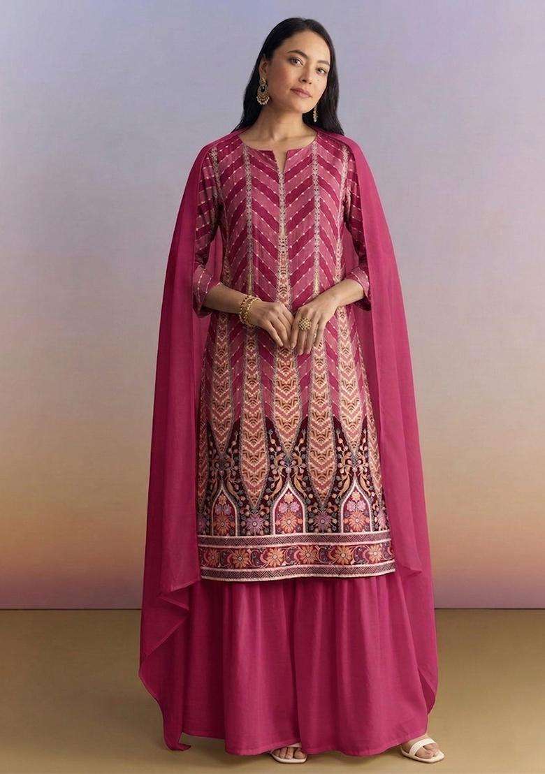 Rani Pink Printed Crepe Fusion Set - Indya