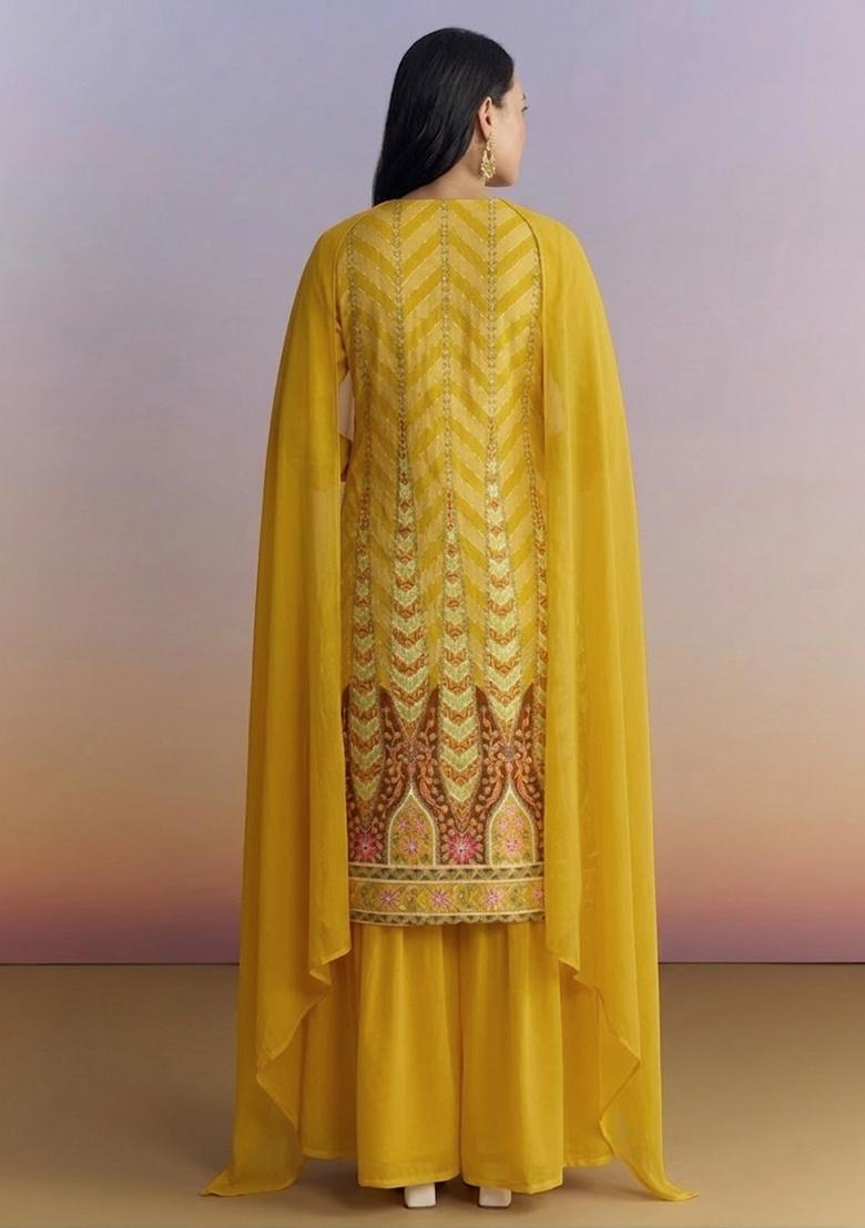 Yellow Printed Crepe Fusion Set - Indya