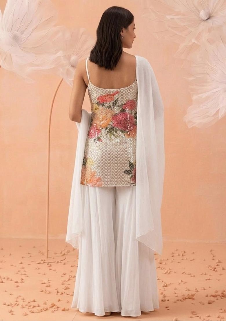 Off White Embroidered Crepe Sharara Set - Indya