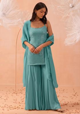 Pastel Blue Embroidered Crepe Sharara Set