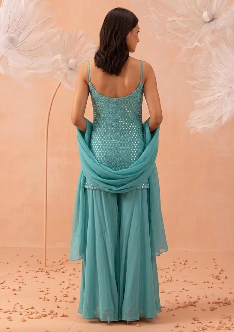 Pastel Blue Embroidered Crepe Sharara Set - Indya