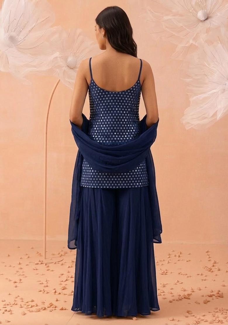 Navy Blue Embroidered Crepe Sharara Set - Indya
