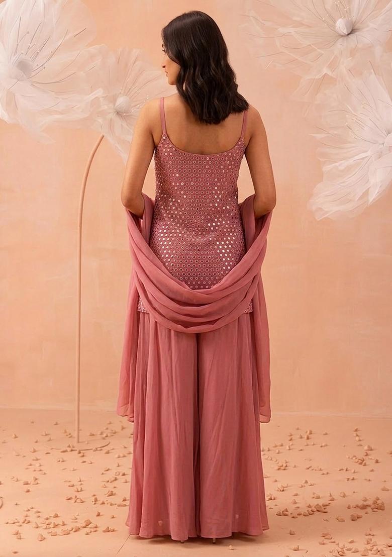 Pink Embroidered Crepe Sharara Set - Indya