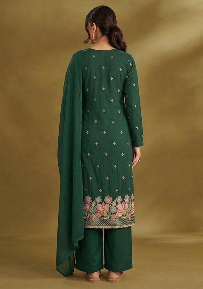 Bottle Green Embroidered Crepe Kurta Set - Indya