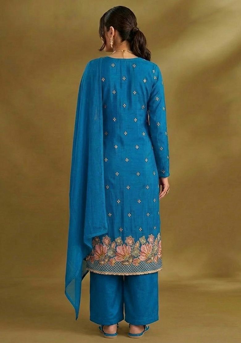 Ocean Blue Embroidered Crepe Kurta Set - Indya