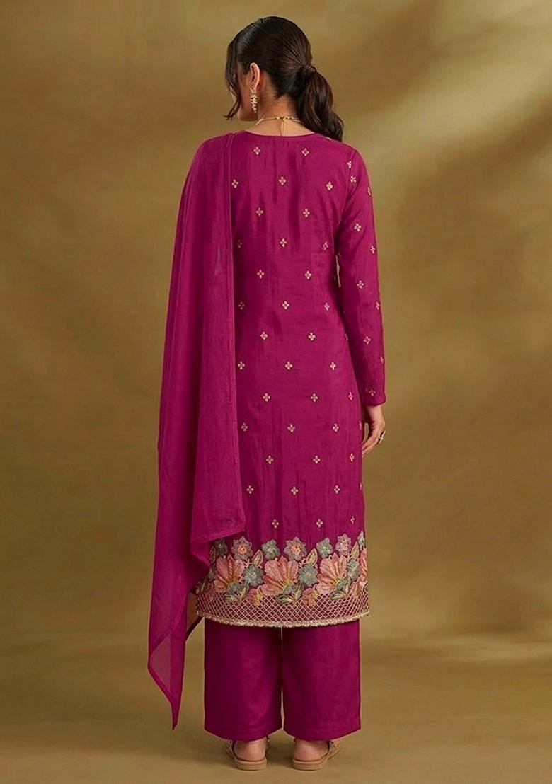 Magenta Embroidered Crepe Kurta Set - Indya