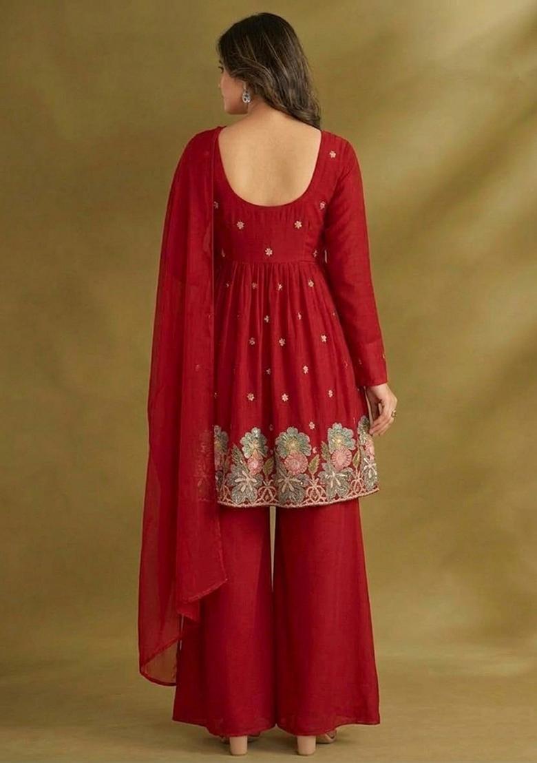 Crimson Red Embroidered Crepe Sharara Set - Indya