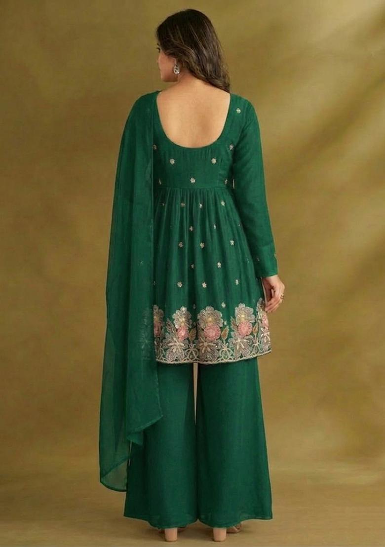 Green Embroidered Crepe Sharara Set - Indya