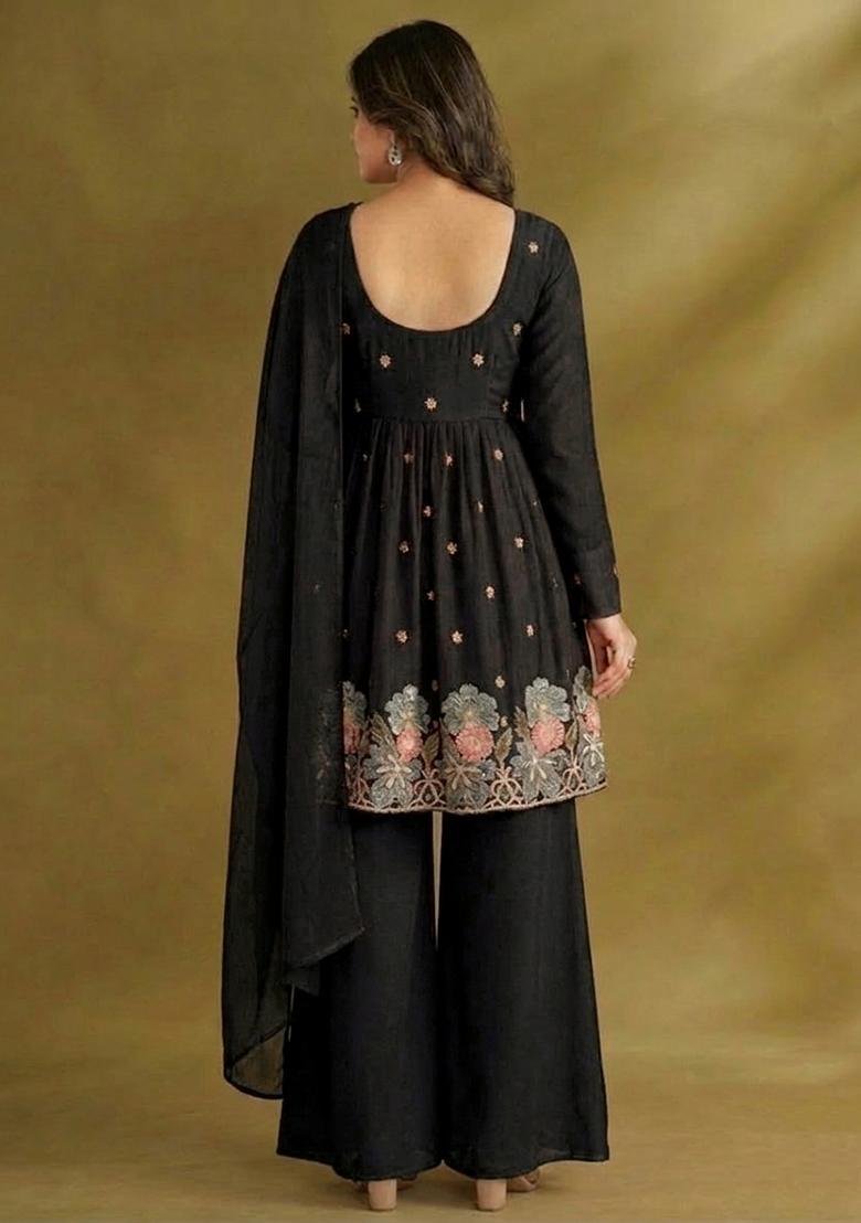 Black Embroidered Crepe Sharara Set - Indya