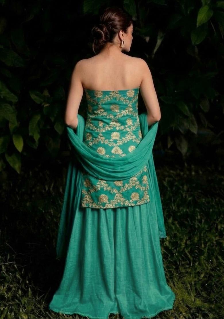 Teal Green Chanderi Sharara Set - Indya