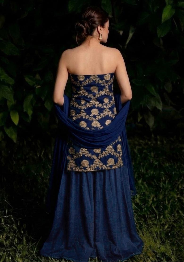 Navy Blue Chanderi Sharara Set - Indya