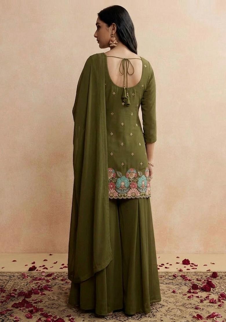Olive Green Embroidered Crepe Sharara Set - Indya