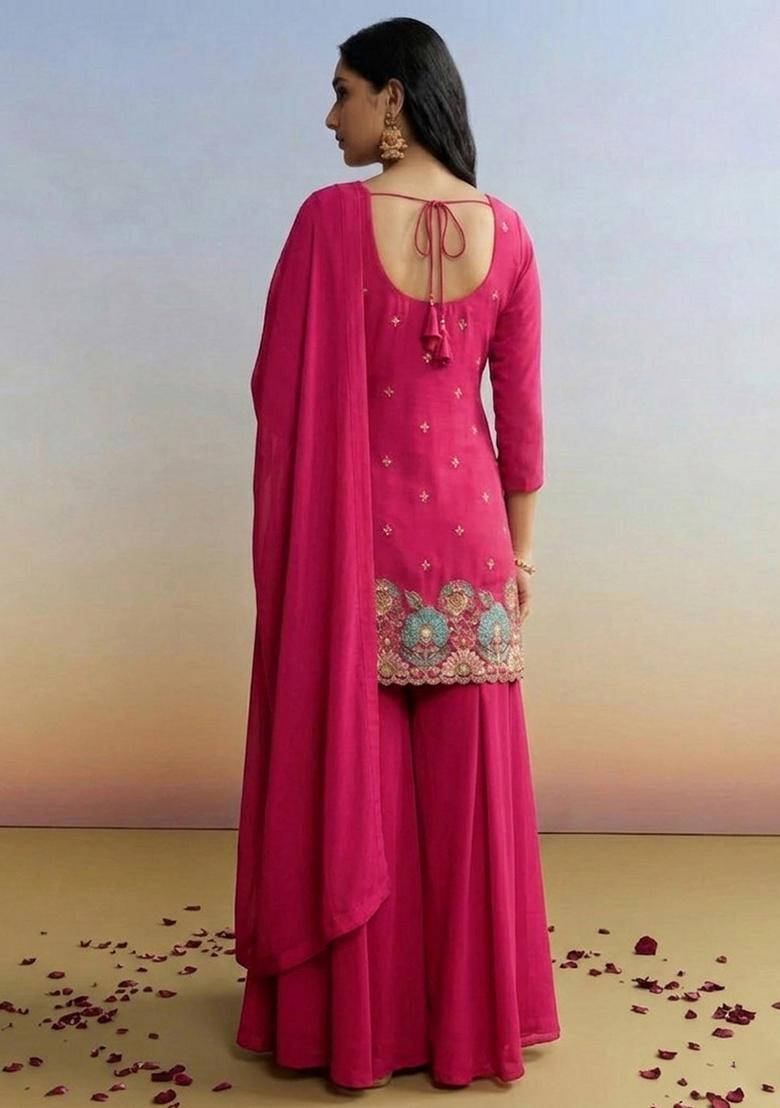 Fuchsia Pink Embroidered Crepe Sharara Set - Indya