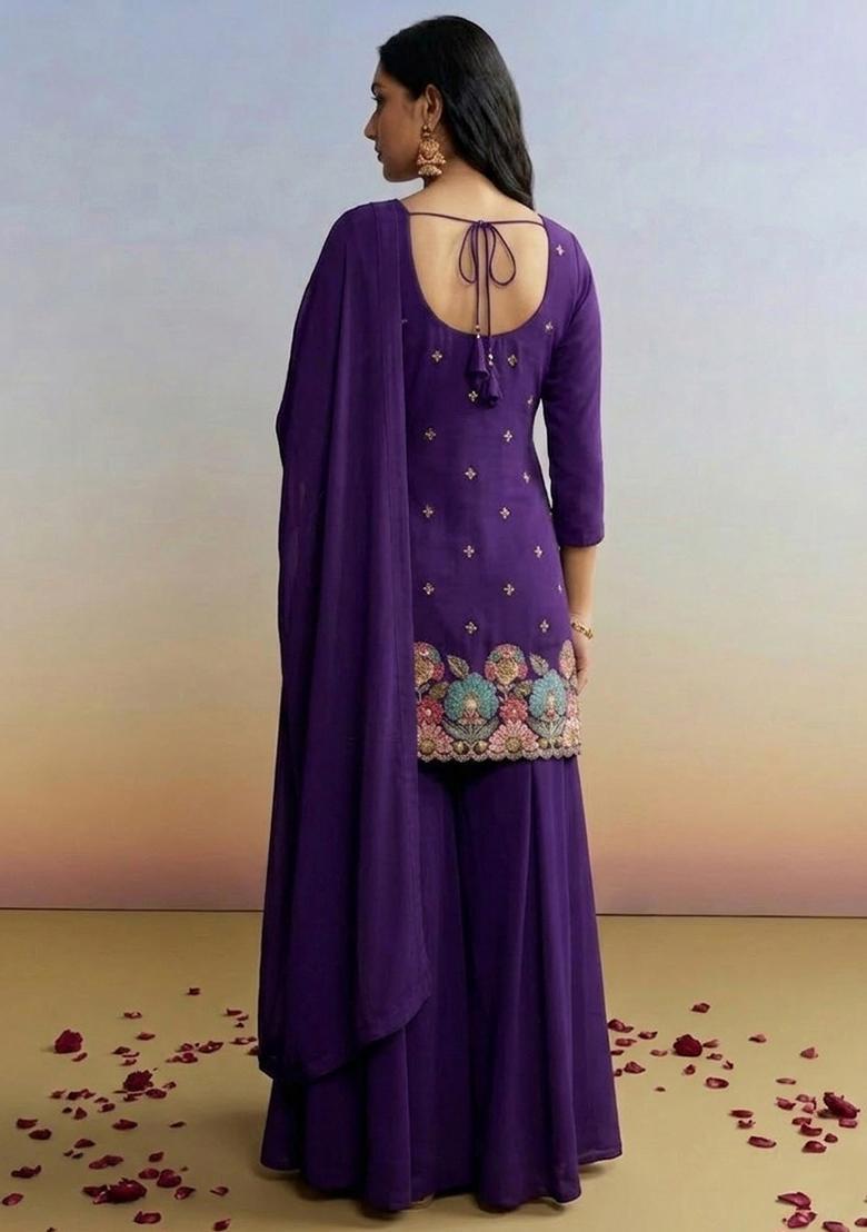 Royal Purple Embroidered Crepe Sharara Set - Indya