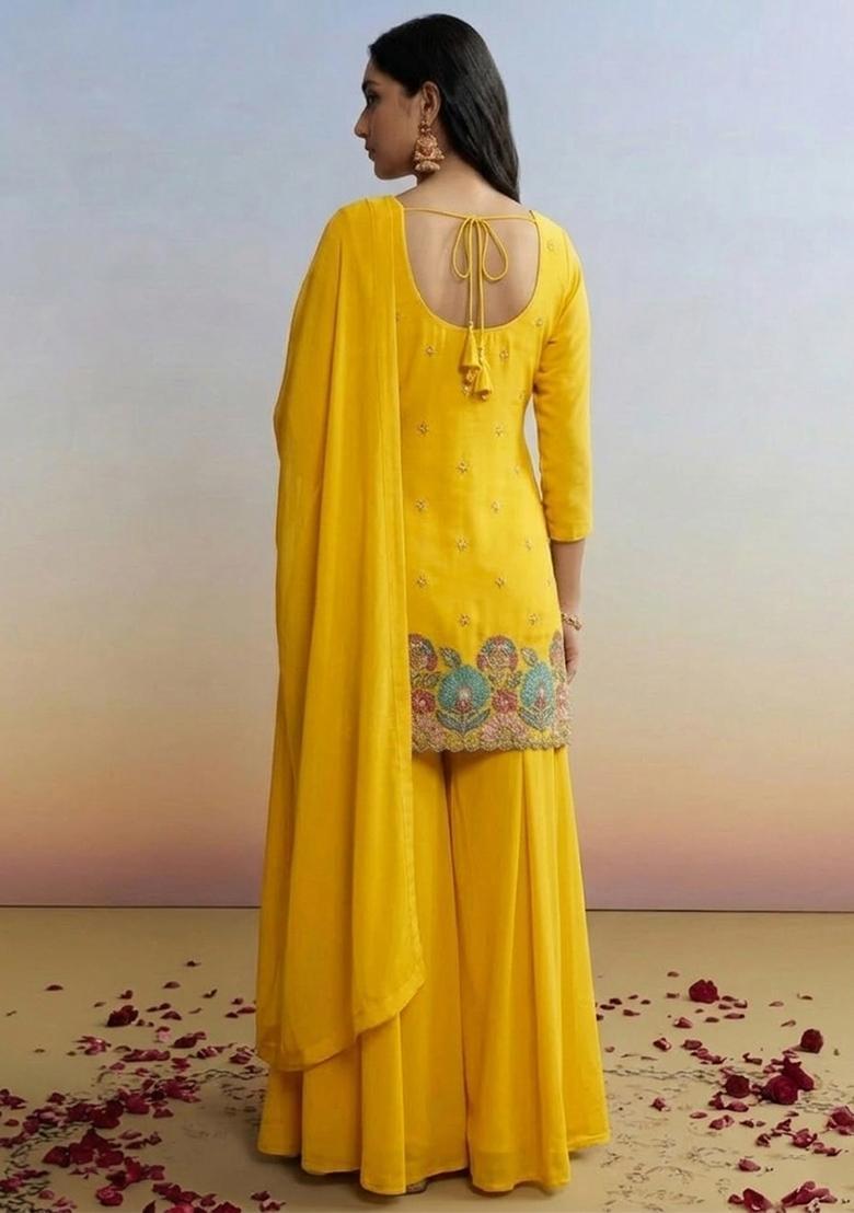 Yellow Embroidered Crepe Sharara Set - Indya