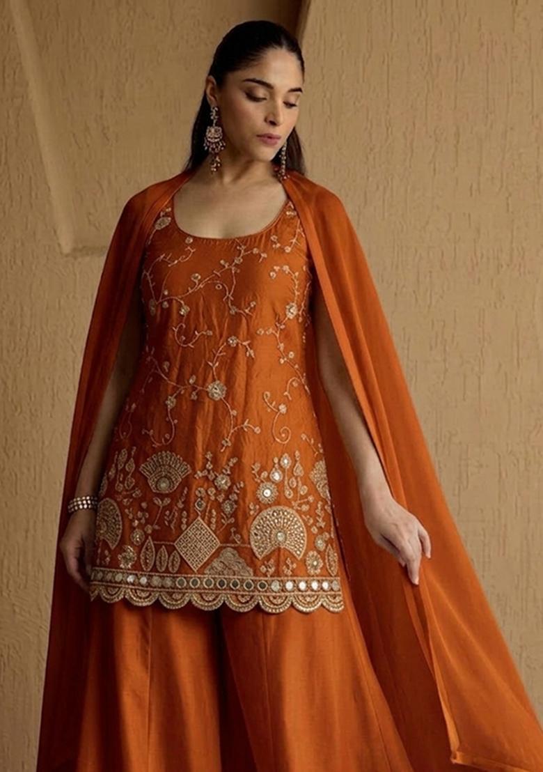 Rust Orange Embroidered Cosmos Sharara Set - Indya