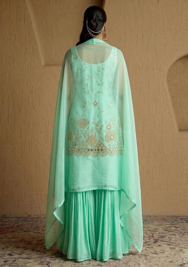 Mint Green Embroidered Cosmos Sharara Set - Indya