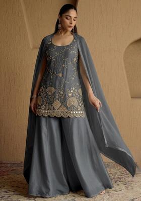 Dark Grey Embroidered Cosmos Sharara Set