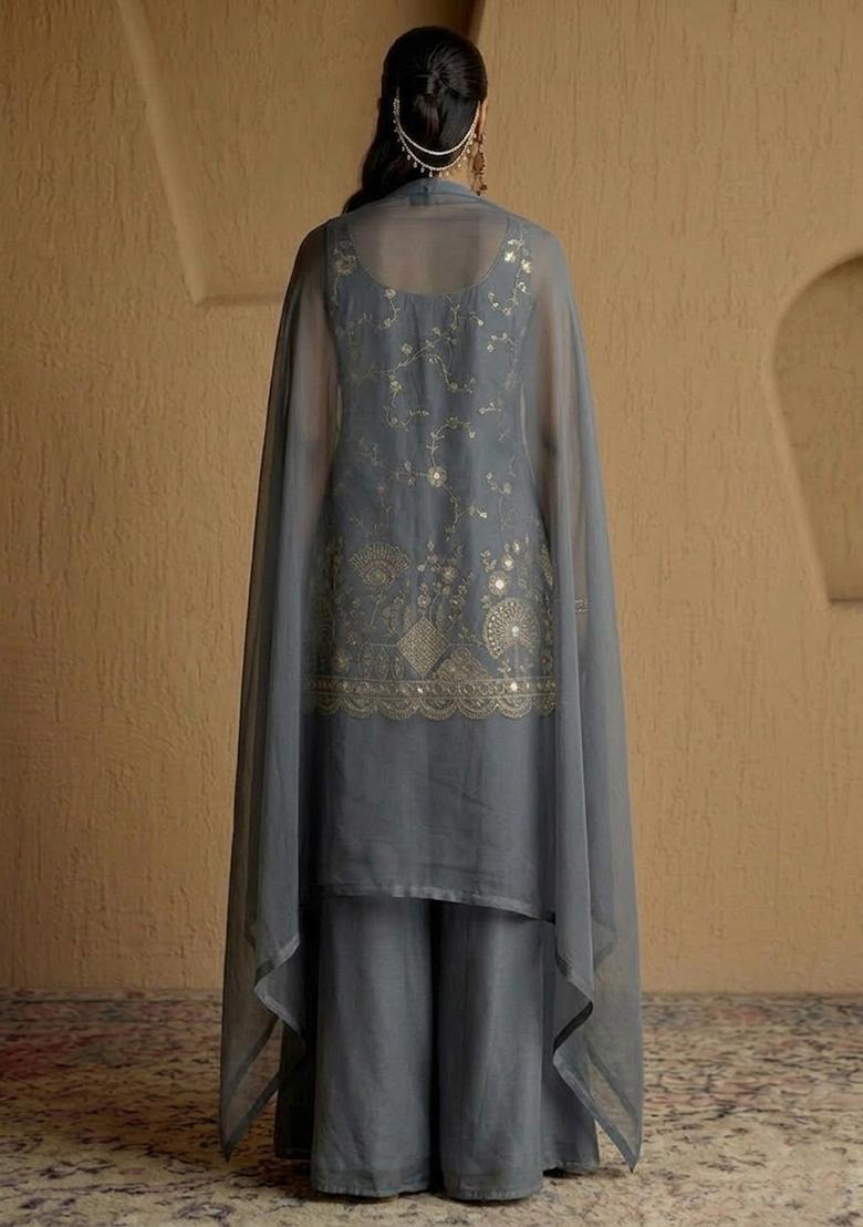 Dark Grey Embroidered Cosmos Sharara Set - Indya