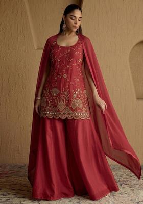 Red Embroidered Cosmos Sharara Set