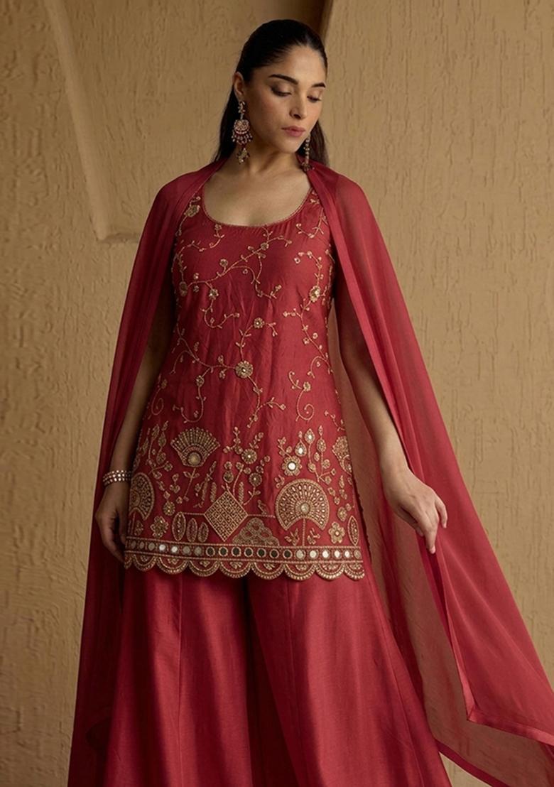 Red Embroidered Cosmos Sharara Set - Indya