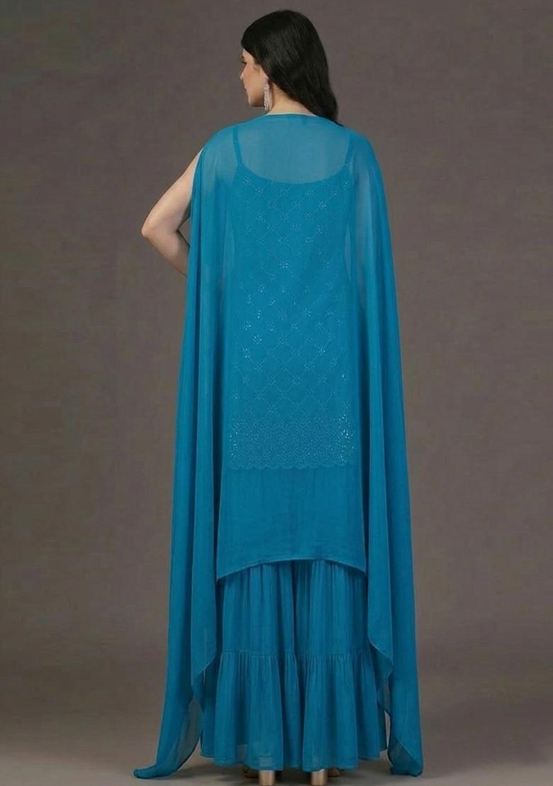 Teal Blue Embroidered Georgette Sharara Set - Indya