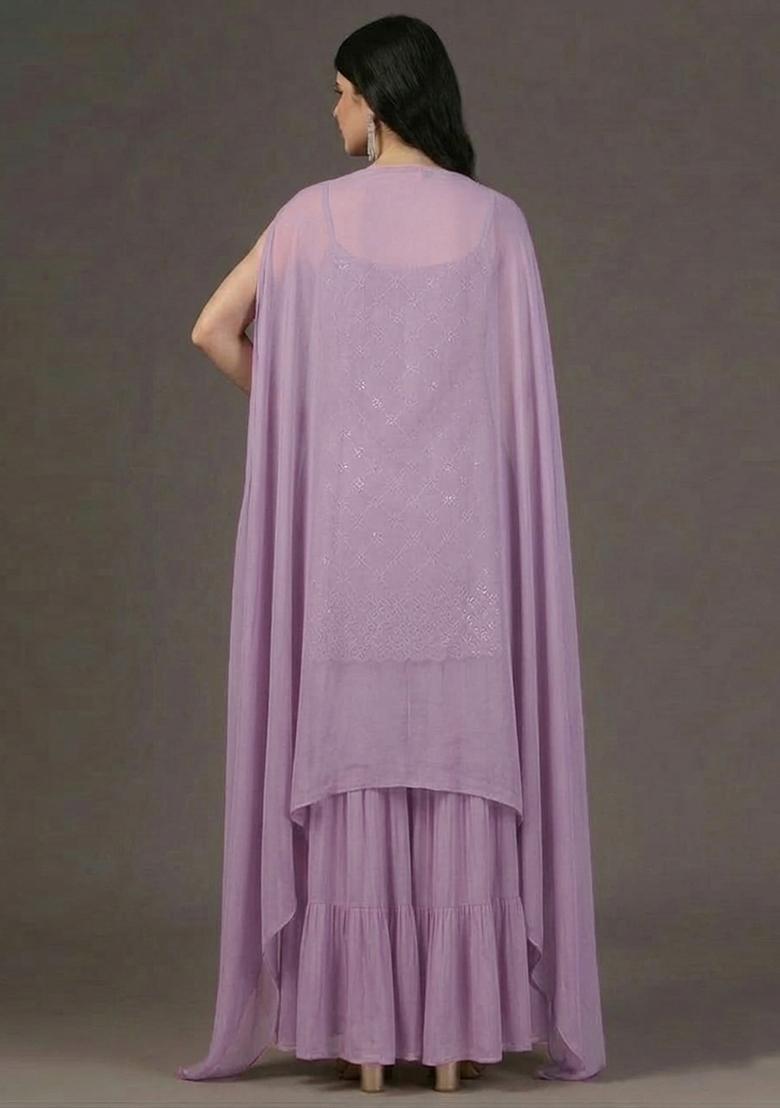 Lilac Embroidered Georgette Sharara Set - Indya