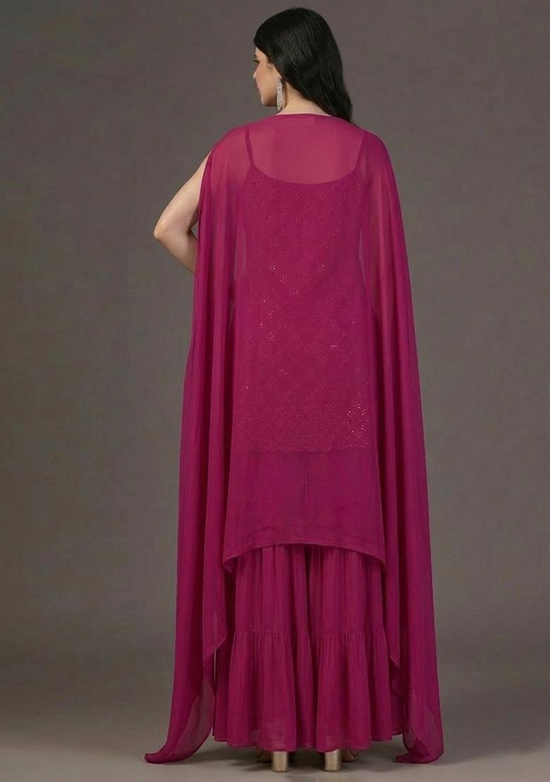 Magenta Embroidered Georgette Sharara Set - Indya