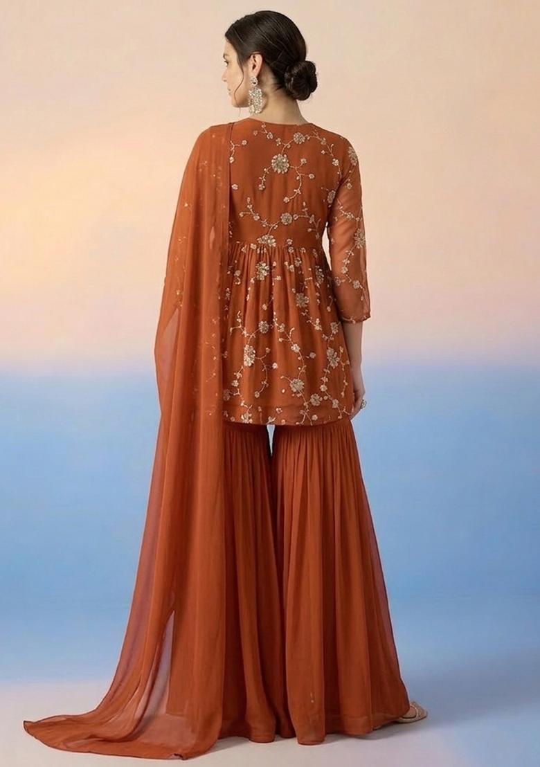Rust Orange Embroidered Crepe Sharara Set - Indya