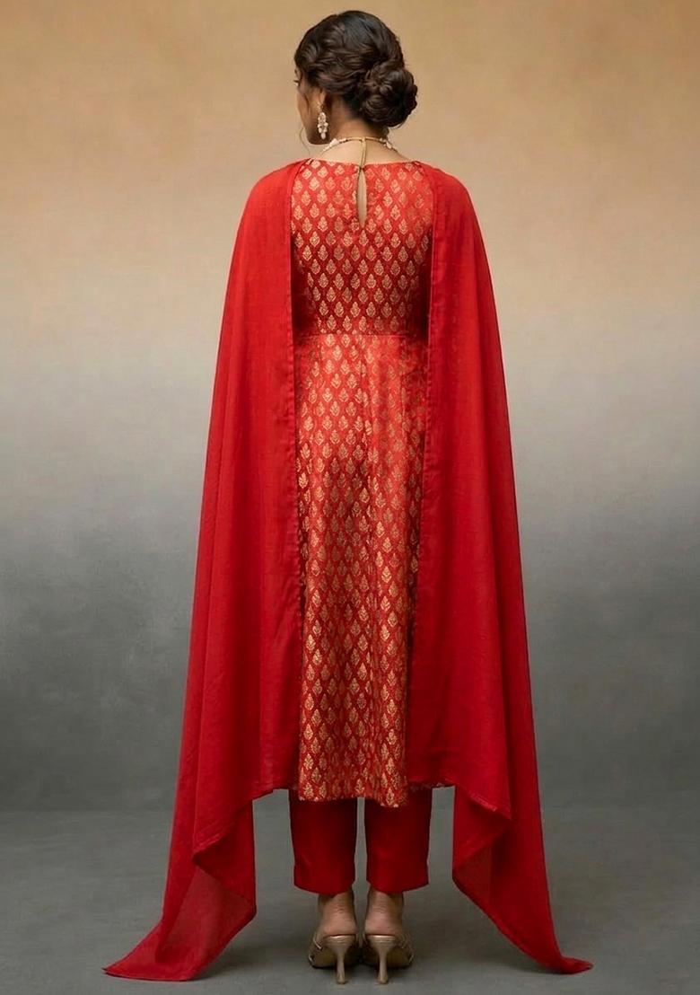 Bright Red Brocade Kurta Set - Indya