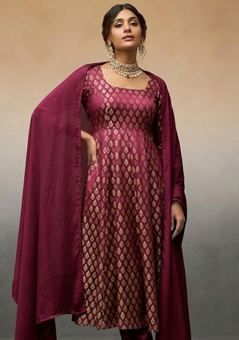 Deep Wine Brocade Kurta Set - Indya