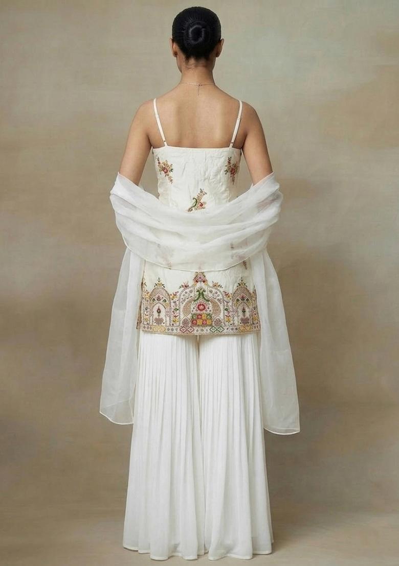Off White Embroidered Crepe Sharara Set - Indya
