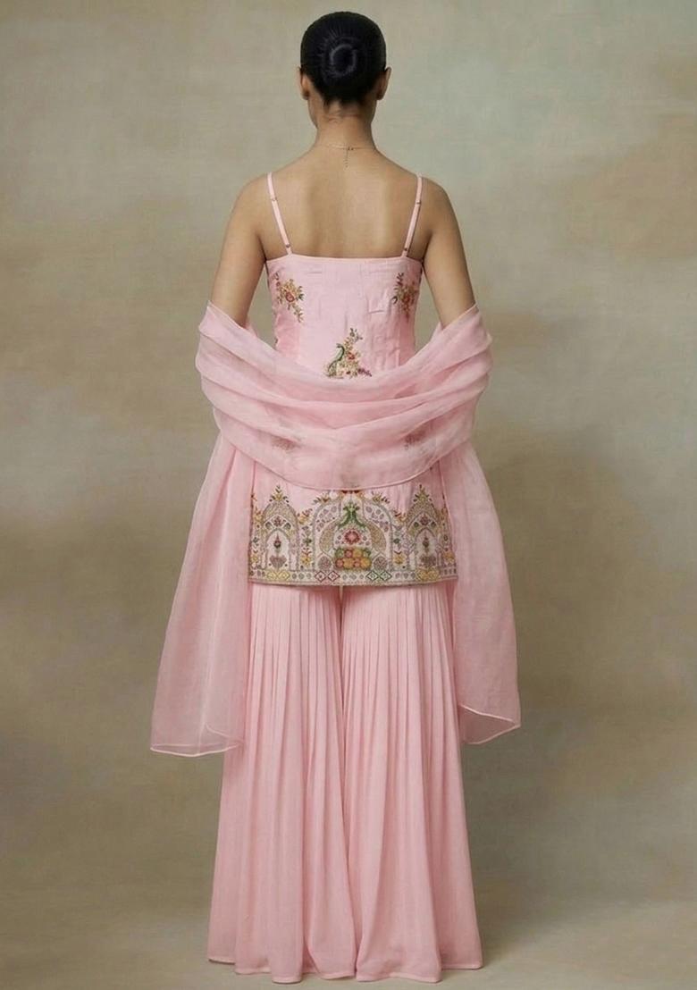Pink Embroidered Crepe Sharara Set - Indya