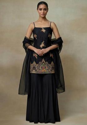 Black Embroidered Crepe Sharara Set
