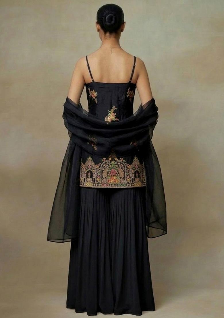 Black Embroidered Crepe Sharara Set - Indya