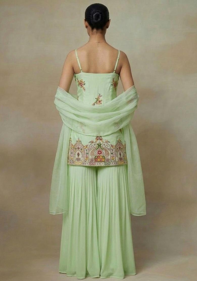 Light Green Embroidered Crepe Sharara Set - Indya