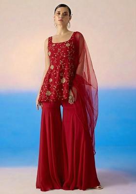 Crimson Red Embroidered Crepe Sharara Set